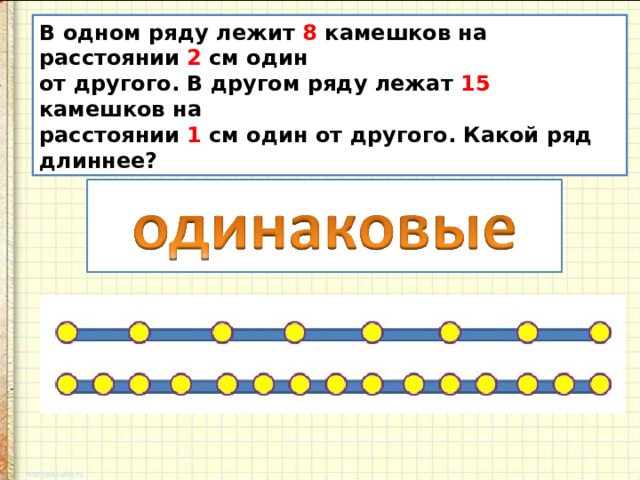 В одном ряду лежит 8 камешков на расстоянии 2 см один от другого. В другом ряду лежат 15 камешков на расстоянии 1 см один от другого. Какой ряд длиннее? 