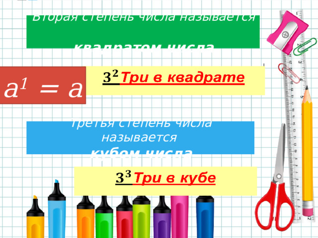 Вторая степень числа называется  квадратом числа   a 1 = a Третья степень числа называется кубом числа   
