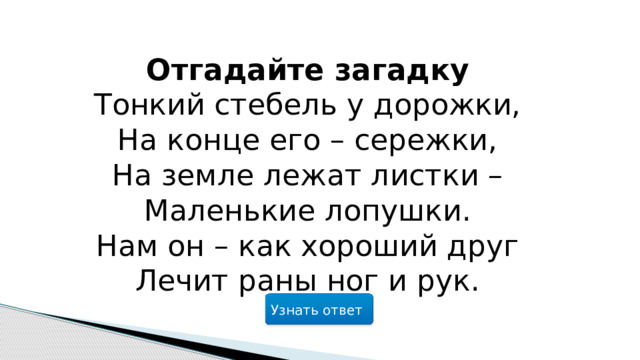 Отгадайте загадку Тонкий стебель у дорожки, На конце его – сережки,  На земле лежат листки –  Маленькие лопушки.  Нам он – как хороший друг  Лечит раны ног и рук. Узнать ответ  
