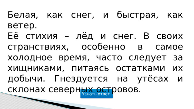 Белая, как снег, и быстрая, как ветер. Её стихия – лёд и снег. В своих странствиях, особенно в самое холодное время, часто следует за хищниками, питаясь остатками их добычи. Гнездуется на утёсах и склонах северных островов. Узнать ответ  