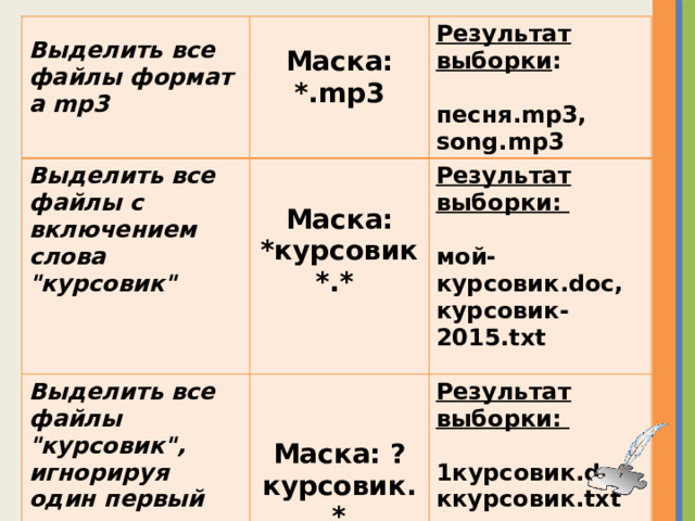 Выделить все файлы формата mp3 Маска: Выделить все файлы с включением слова 