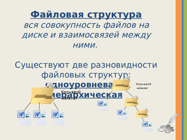 Файловая структура вся совокупность файлов на диске и взаимосвязей между ними. Существуют две разновидности  файловых структур: одноуровневая и иерархическая 