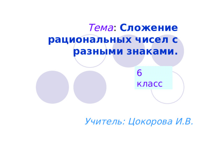 Тема : Сложение рациональных чисел с разными знаками. 6 класс Учитель: Цокорова И.В. 