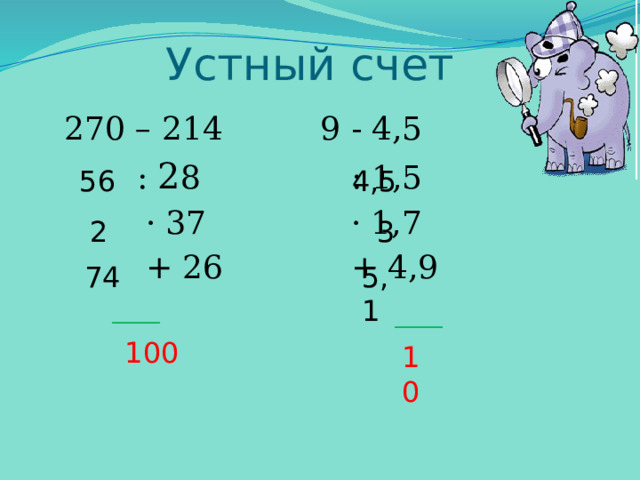 Устный счет 270 – 214     9 - 4,5  : 2 8     : 1,5  · 37     · 1,7  + 26     + 4,9 56 4,5 2 3 74 5,1 ______ ______ 100 10 