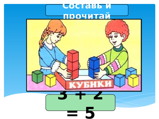 Составь и прочитай 3 + 2 = 5 