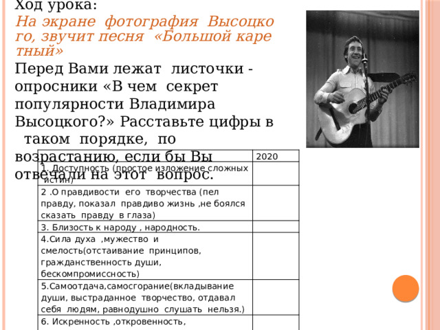 Ход урока: На экране  фотография  Высоцкого, звучит песня  «Большой каретный» Перед Вами лежат листочки - опросники «В чем секрет популярности Владимира Высоцкого?» Расставьте цифры в таком порядке, по возрастанию, если бы Вы отвечали на этот вопрос. 1. Доступность (простое изложение сложных истин) 2020 2 .О правдивости его творчества (пел правду, показал правдиво жизнь ,не боялся сказать правду в глаза) 3. Близость к народу , народность. 4.Сила духа ,мужество и смелость(отстаивание принципов, гражданственность души, бескомпромиссность) 5.Самоотдача,самосгорание(вкладывание души, выстраданное творчество, отдавал себя людям, равнодушно слушать нельзя.) 6. Искренность ,откровенность, многоплановость. 7. Близость к реальной жизни (выражает сущность жизни, умение найти точную характеристику современной жизни) 