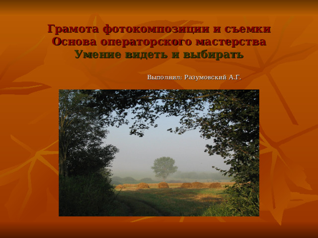 Грамота фотокомпозиции и съемки  Основа операторского мастерства  Умение видеть и выбирать  Выполнил: Разумовский А.Г. 