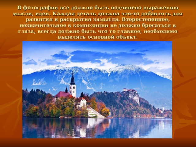 В фотографии все должно быть подчинено выражению мысли, идеи. Каждая деталь должна что-то добавлять для развития и раскрытия замысла. Второстепенное, незначительное в композиции не должно бросаться в глаза, всегда должно быть что то главное, необходимо выделять основной объект. 