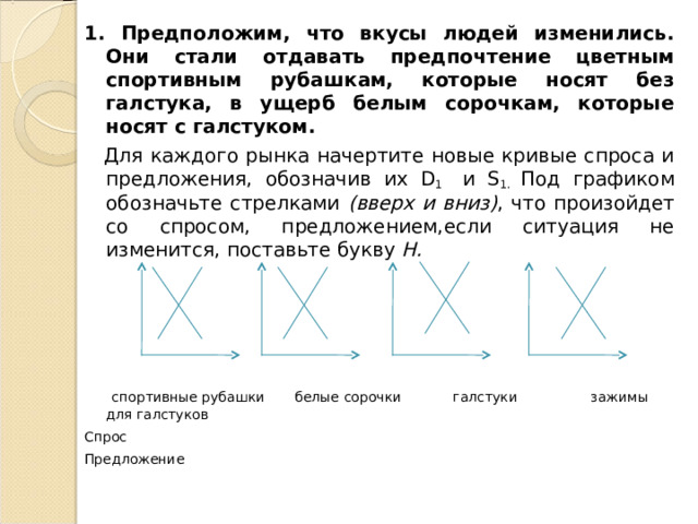 1. Предположим, что вкусы людей изменились. Они стали отдавать предпочтение цветным спортивным рубашкам, которые носят без галстука, в ущерб белым сорочкам, которые носят с галстуком.    Для каждого рынка начертите новые кривые спроса и предложения, обозначив их D 1 и S 1. Под графиком обозначьте стрелками (вверх и вниз) , что произойдет со спросом, предложением,если ситуация не изменится, поставьте букву Н.        спортивные рубашки белые сорочки галстуки зажимы для галстуков Спрос Предложение 