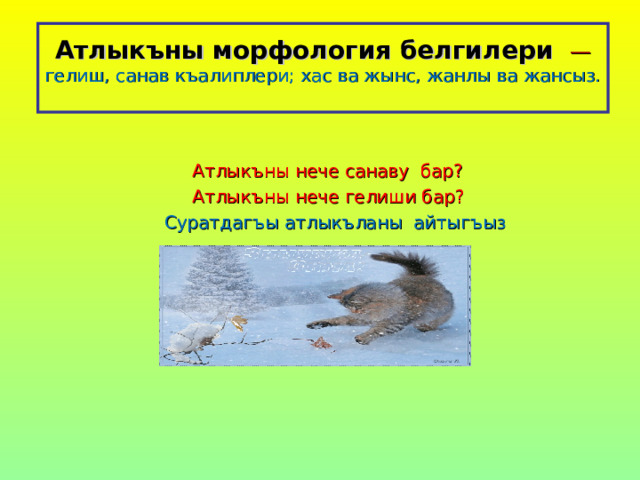 Атлыкъны морфология белгилери  — гелиш, санав къалиплери; хас ва жынс, жанлы ва жансыз.    Атлыкъны нече санаву бар?  Атлыкъны нече гелиши бар?  Суратдагъы атлыкъланы айтыгъыз 