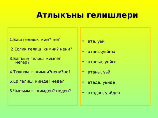  Атлыкъны гелишлери 1.Баш гелишк ким? не?  2.Еслик гелиш кимни? нени? 3.Багъым гелиш кимге? негер? 4.Тюшюм г. кимни?нени?не? 5.Ер гелиш кимде? неде? 6.Чыгъым г. кимден? неден?  ата, уьй  атаны,уьйню  атагъа, уьйге  атаны, уьй  атада, уьйде  атадан, уьйден 