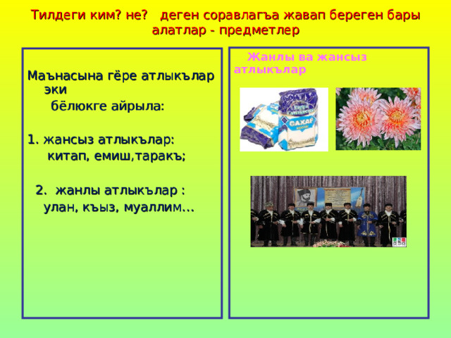 Тилдеги ким? не? деген соравлагъа жавап береген бары алатлар - предметлер    Жанлы ва жансыз атлыкълар Маънасына гёре атлыкълар эки  бёлюкге айрыла: 1. жансыз атлыкълар:  китап, емиш,таракъ;  2. жанлы атлыкълар :  улан, къыз, муаллим… 