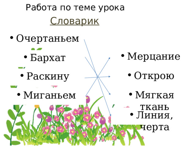 Работа по теме урока Словарик Очертаньем Мерцание Бархат Открою Раскину Мягкая ткань Миганьем Линия, черта 