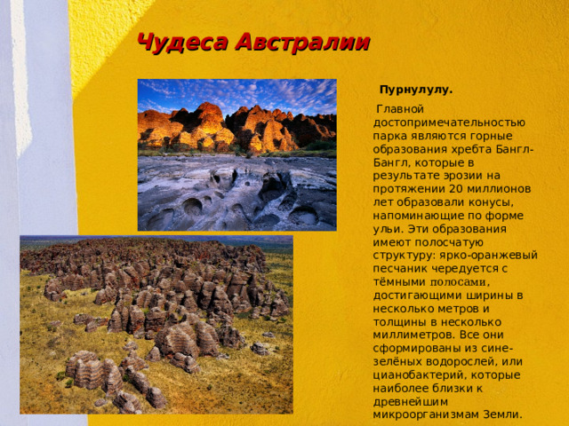Чудеса Австралии  Пурнулулу.  Главной достопримечательностью парка являются горные образования хребта Бангл-Бангл, которые в результате эрозии на протяжении 20 миллионов лет образовали конусы, напоминающие по форме ульи. Эти образования имеют полосчатую структуру: ярко-оранжевый песчаник чередуется с тёмными полосами , достигающими ширины в несколько метров и толщины в несколько миллиметров. Все они сформированы из сине-зелёных водорослей, или цианобактерий, которые наиболее близки к древнейшим микроорганизмам Земли.  