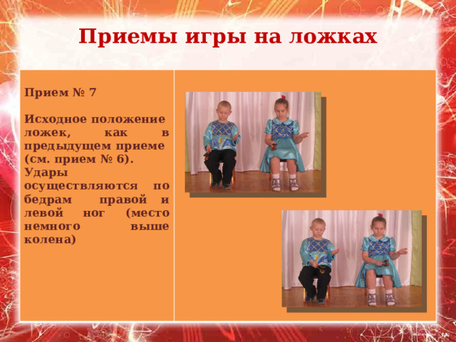 Приемы игры на ложках   Прием № 7  Исходное положение ложек, как в предыдущем приеме (см. прием № 6). Удары осуществляются по бедрам правой и левой ног (место немного выше колена)    