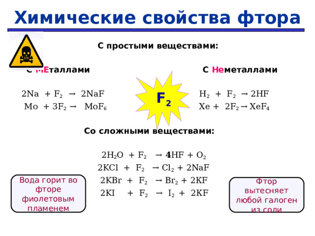 Химические свойства фтора   С простыми веществами:    С МЕ таллами С Не металлами   2Na + F 2 → 2NaF    H 2 + F 2   → 2HF   Mo + 3F 2  → MoF 6     Xe + 2F 2  → XeF 4      Со сложными веществами:   2 H 2 O  + F 2  → 4 HF + O 2    2 KCl + F 2 →  Cl 2 + 2Na F    2KBr  + F 2   → Br 2 + 2К F   2KI  + F 2  →  I 2  +  2К F    F 2 Вода горит во фторе фиолетовым пламенем Фтор вытесняет любой галоген из соли 27 