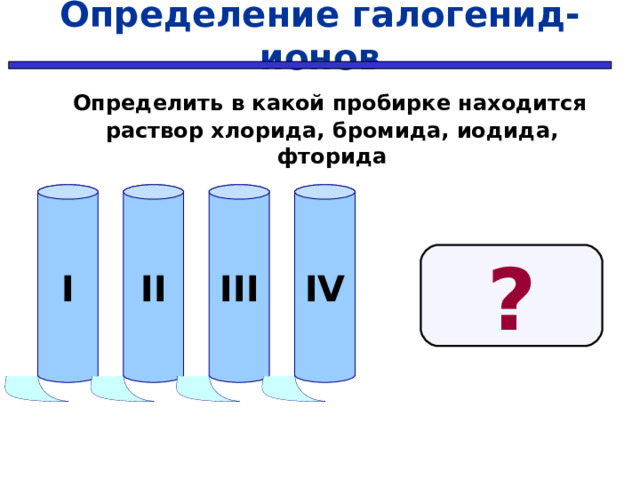 Определение галогенид-ионов  Определить в какой пробирке находится раствор хлорида, бромида, иодида, фторида I II III IV ? 