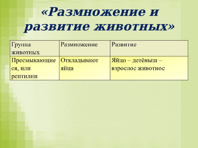 «Размножение и развитие животных» 
