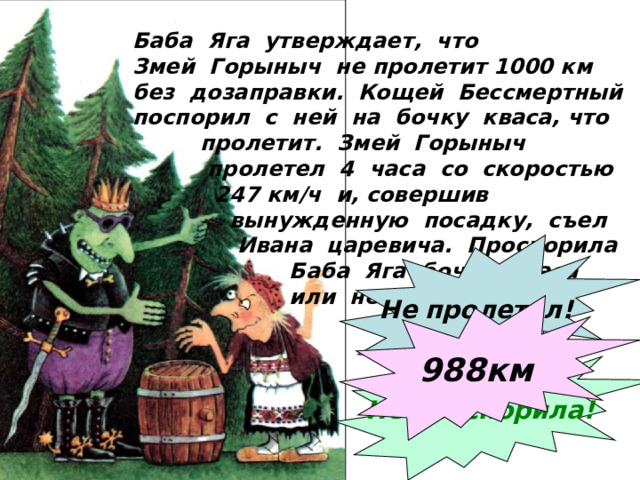 Баба Яга утверждает, что Змей Горыныч не пролетит 1000 км без дозаправки. Кощей Бессмертный поспорил с ней на бочку кваса, что  пролетит. Змей Горыныч  пролетел 4 часа со скоростью  247 км/ч и, совершив  вынужденную посадку, съел  Ивана царевича. Проспорила  Баба Яга бочку кваса  или не проспорила? Не пролетел! 988км Не проспорила! 