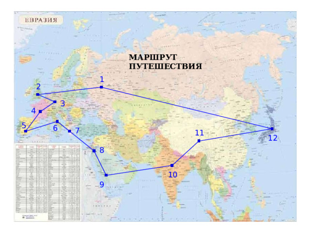 МАРШРУТ ПУТЕШЕСТВИЯ 1 2 3 4 5 6 7 11 12 8 10 9  