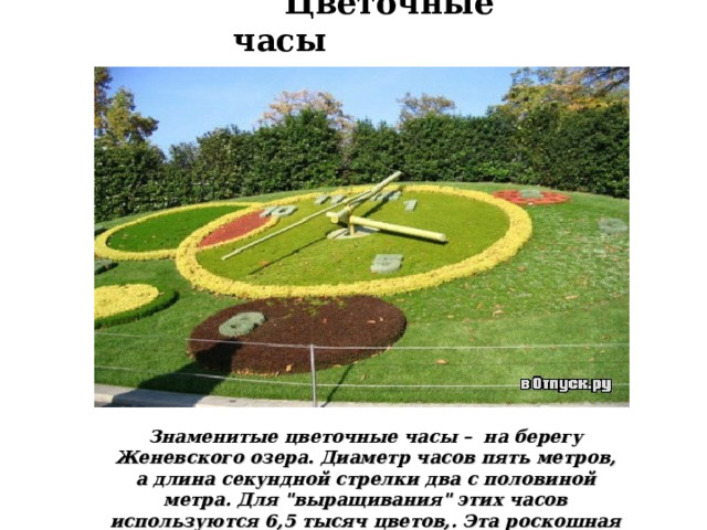  Цветочные часы Знаменитые цветочные часы – на берегу Женевского озера. Диаметр часов пять метров, а длина секундной стрелки два с половиной метра. Для 