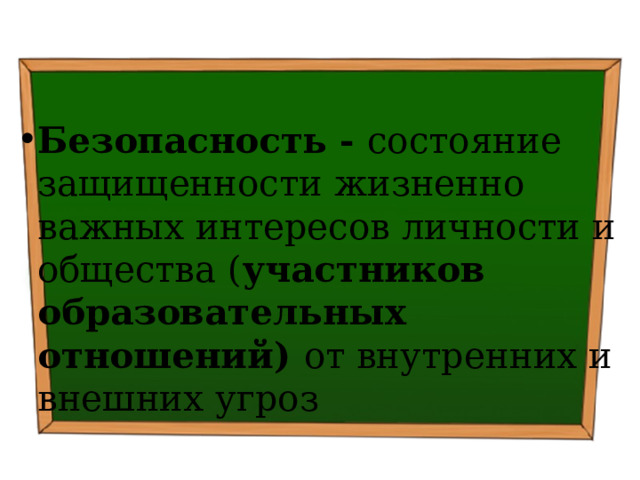  Безопасность - состояние защищенности жизненно важных интересов личности и общества ( участников образовательных отношений) от внутренних и внешних угроз 