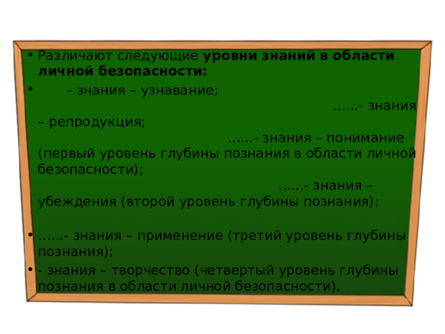 Различают следующие уровни знаний в области личной безопасности:  - знания – узнавание; …...- знания – репродукция; …...- знания – понимание (первый уровень глубины познания в области личной безопасности); …...- знания – убеждения (второй уровень глубины познания); … ...- знания – применение (третий уровень глубины познания); - знания – творчество (четвертый уровень глубины познания в области личной безопасности). 