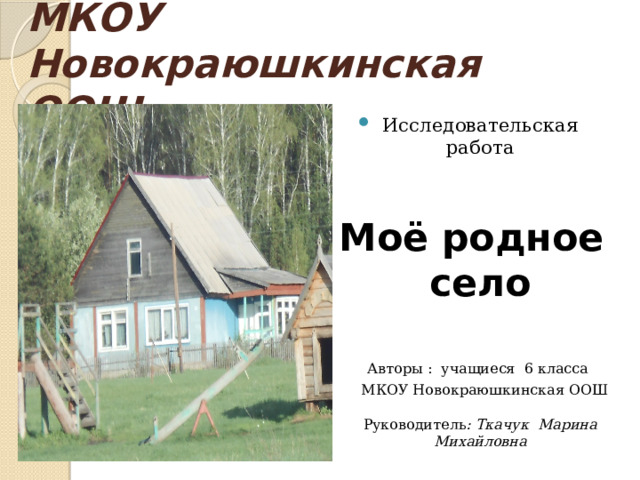 МКОУ Новокраюшкинская ООШ Исследовательская работа  Моё родное село   Авторы : учащиеся 6 класса  МКОУ Новокраюшкинская ООШ   Руководитель : Ткачук Марина Михайловна 