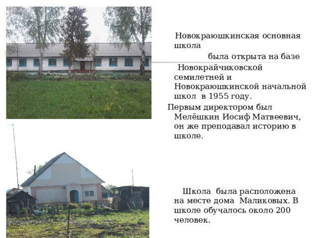  Новокраюшкинская основная школа  была открыта на базе  Новокрайчиковской семилетней и Новокраюшкинской начальной школ в 1955 году.  Первым директором был Мелёшкин Иосиф Матвеевич, он же преподавал историю в школе.  Школа была расположена на месте дома Маликовых. В школе обучалось около 200 человек. 
