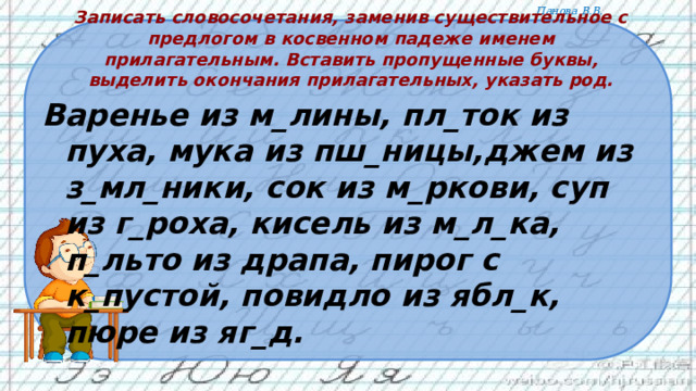 Записать словосочетания, заменив существительное с предлогом в косвенном падеже именем прилагательным. Вставить пропущенные буквы, выделить окончания прилагательных, указать род.   Варенье из м_лины, пл_ток из пуха, мука из пш_ницы,джем из з_мл_ники, сок из м_ркови, суп из г_роха, кисель из м_л_ка, п_льто из драпа, пирог с к_пустой, повидло из ябл_к, пюре из яг_д.   