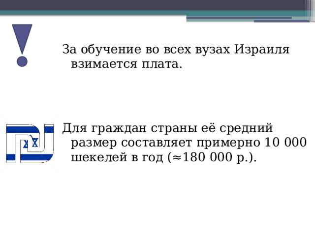 За обучение во всех вузах Израиля взимается плата. Для граждан страны её средний размер составляет примерно 10 000 шекелей в год (≈180 000 р.).  