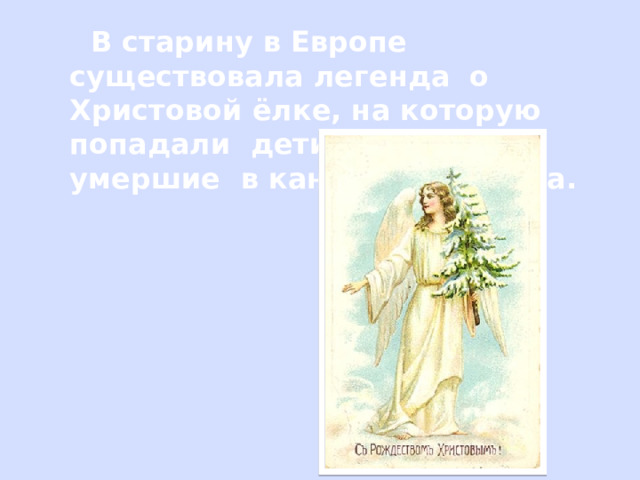  В старину в Европе существовала легенда о Христовой ёлке, на которую попадали дети-сироты, умершие в канун Рождества. 