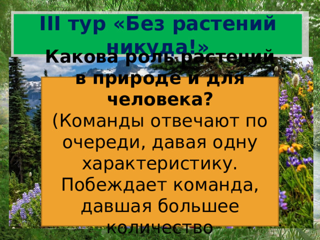 III тур «Без растений никуда!» Какова роль растений в природе и для человека? (Команды отвечают по очереди, давая одну характеристику. Побеждает команда, давшая большее количество характеристик) 