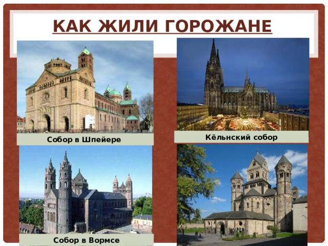 Как жили горожане Кёльнский собор Собор в Шпейере  Собор в Вормсе 