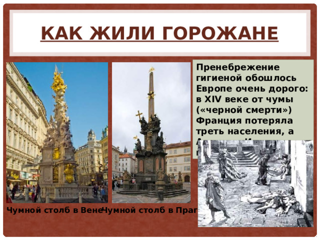 Как жили горожане Пренебрежение гигиеной обошлось Европе очень дорого: в XIV веке от чумы («черной смерти») Франция потеряла треть населения, а Англия и Италия — до половины. Чумной столб в Вене Чумной столб в Праге 