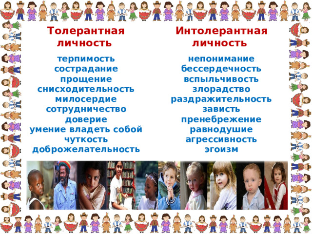 Толерантная личность терпимость Интолерантная личность непонимание  бессердечность сострадание прощение вспыльчивость злорадство снисходительность милосердие раздражительность зависть сотрудничество доверие пренебрежение равнодушие умение владеть собой агрессивность чуткость эгоизм доброжелательность 