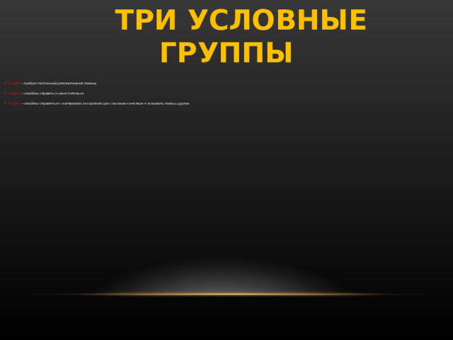  ТРИ УСЛОВНЫЕ ГРУППЫ 1 группа – требуют постоянной дополнительной помощи  2 группа – способны справиться самостоятельно  3 группа – способны справляться с материалом за короткий срок с высоким качеством + оказывать помощь другим 