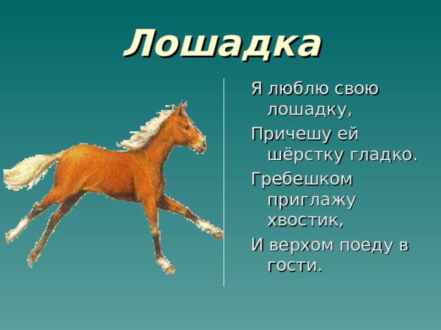  Лошадка  Я люблю свою лошадку, Причешу ей шёрстку гладко. Гребешком приглажу хвостик, И верхом поеду в гости. 