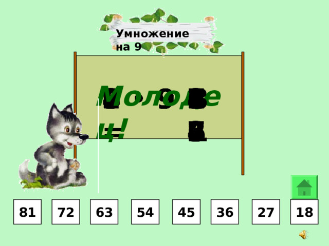 Умножение на 9 Молодец! 36 81 45 27 63 72 1 8 54 2  •  9 = 9  •  9 = 6  •  9 = 8 •  9 = 4  •  9 = 7  •  9 = 5  •  9 = 3 •  9 = 72 1 8 27 27 36 45 45 54 54 63 63 8 1 72 1 8 27 36 45 54 63 72 81 8 1 18 