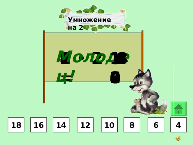 Умножение на 2 Молодец! 7 • 2 = 14 12  4 9 • 2 = 5 • 2 = 8 • 2 = 16 2 • 2 = 10 18  8 4 •  2 = 3 • 2 = 6 • 2 =  6 18 14 4 6 6 8 8 10 10 12 12 14 18 16 16 4 6 8 10 12 14 16 4 