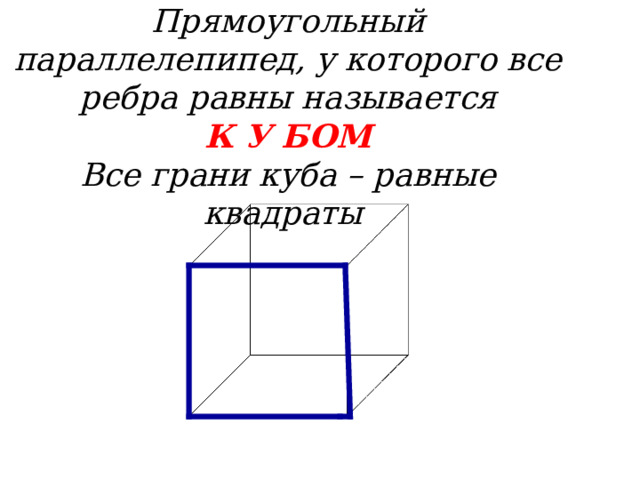 Прямоугольный параллелепипед, у которого все ребра равны называется  К У БОМ  Все грани куба – равные квадраты  