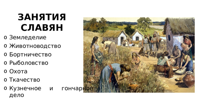 ЗАНЯТИЯ СЛАВЯН Земледелие Животноводство Бортничество Рыболовство Охота Ткачество Кузнечное и гончарное дело 