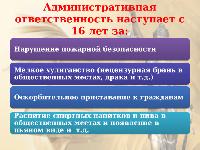 Административная ответственность наступает с 16 лет за: Нарушение пожарной безопасности Мелкое хулиганство (нецензурная брань в общественных местах, драка и т.д.) Оскорбительное приставание к гражданам Распитие спиртных напитков и пива в общественных местах и появление в пьяном виде и т.д. 