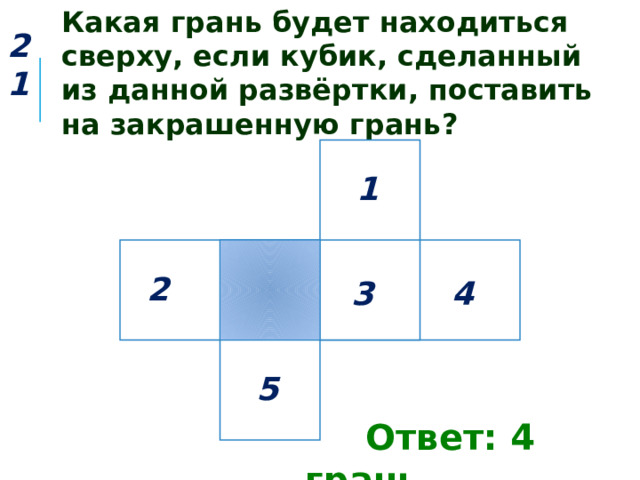 Какая грань будет находиться сверху, если кубик, сделанный из данной развёртки, поставить на закрашенную грань? 21 1 2 4 3 5   Ответ: 4 грань. 