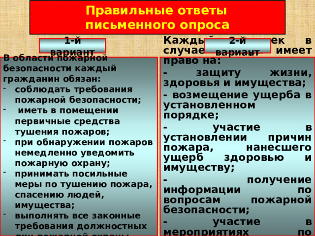 Правильные ответы  письменного опроса 1-й вариант 2-й вариант В области пожарной безопасности каждый гражданин обязан: Каждый человек в случае пожара имеет право на: соблюдать требования пожарной безопасности;  иметь в помещении первичные средства тушения пожаров; при обнаружении пожаров немедленно уведомить пожарную охрану; принимать посильные меры по тушению пожара, спасению людей, имущества; выполнять все законные требования должностных лиц пожарной охраны. - защиту жизни, здоровья и имущества; - возмещение ущерба в установленном порядке; - участие в установлении причин пожара, нанесшего ущерб здоровью и имуществу; - получение информации по вопросам пожарной безопасности; - участие в мероприятиях по обеспечению пожарной безопасности. 