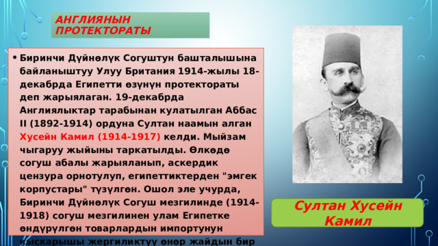 Англиянын протектораты Биринчи Дүйнөлүк Согуштун башталышына байланыштуу Улуу Британия 1914-жылы 18-декабрда Египетти өзүнүн протектораты деп жарыялаган. 19-декабрда Англиялыктар тарабынан кулатылган Аббас II (1892-1914) ордуна Султан наамын алган Хусейн Камил (1914-1917) келди. Мыйзам чыгаруу жыйыны таркатылды. Өлкөдө согуш абалы жарыяланып, аскердик цензура орнотулуп, египеттиктерден 