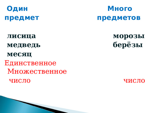 Один Много предмет предметов   лисица морозы  медведь берёзы  месяц Единственное Множественное  число число 