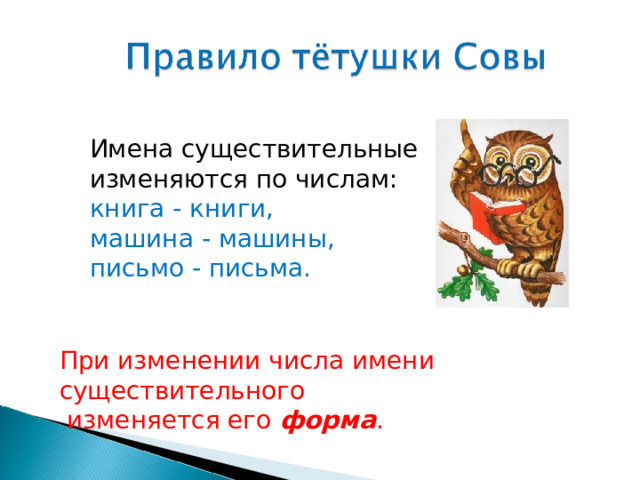 Имена существительные изменяются по числам: книга - книги, машина - машины, письмо - письма. При изменении числа имени существительного  изменяется его форма . 