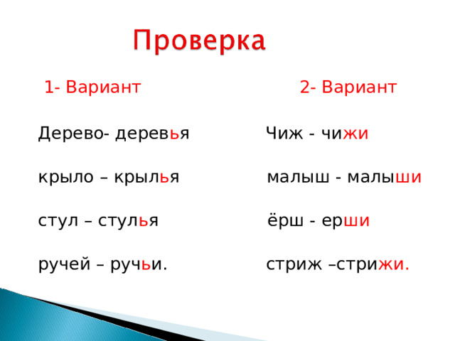  1- Вариант 2- Вариант  Дерево- дерев ь я Чиж - чи жи   крыло – крыл ь я малыш - малы ши   стул – стул ь я ёрш - ер ши   ручей – руч ь и. стриж –стри жи.  