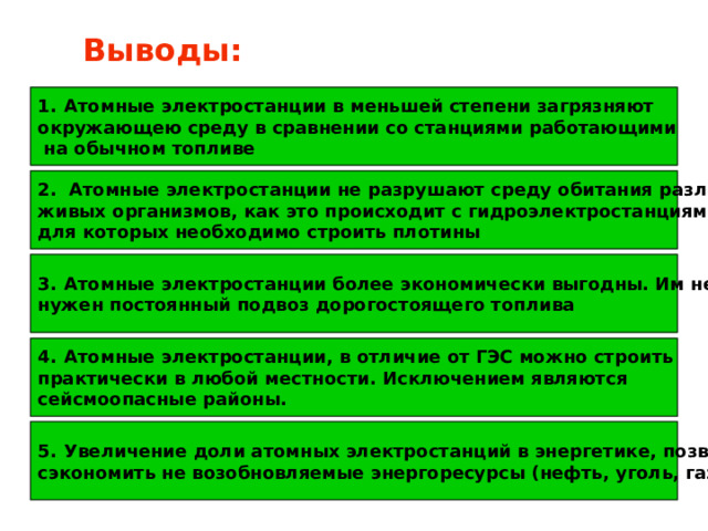 Выводы: Атомные электростанции в меньшей степени загрязняют окружающею среду в сравнении со станциями работающими  на обычном топливе 2. Атомные электростанции не разрушают среду обитания различных живых организмов, как это происходит с гидроэлектростанциями, для которых необходимо строить плотины Атомные электростанции более экономически выгодны. Им не нужен постоянный подвоз дорогостоящего топлива Атомные электростанции, в отличие от ГЭС можно строить практически в любой местности. Исключением являются сейсмоопасные районы. Увеличение доли атомных электростанций в энергетике, позволит сэкономить не возобновляемые энергоресурсы (нефть, уголь, газ)  